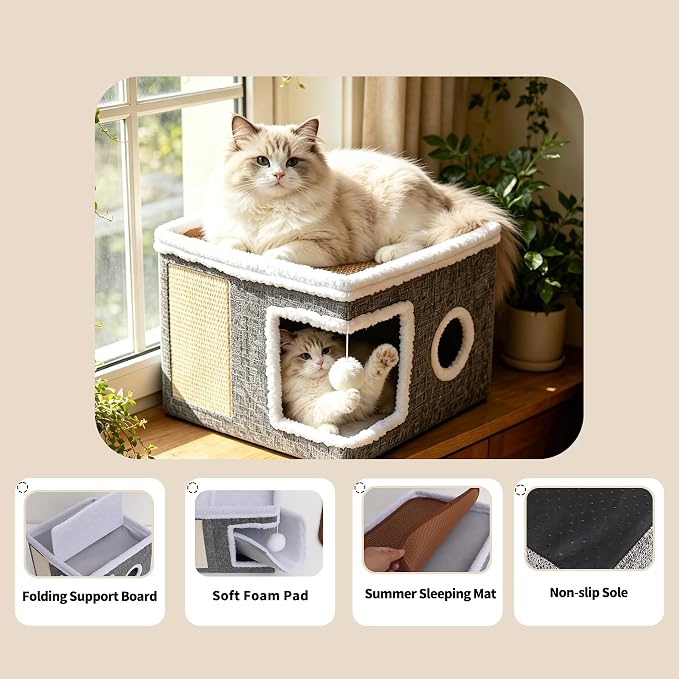 Foldable Cat Cave Bed for Indoor Cats, Cat Hideaway House with Hanging Fluffy Ball & Scratch Pad, Side with Toy Storage and Summer Cooling Mat, 16.14x16.14x12.2 Inches, Grey - Image 5