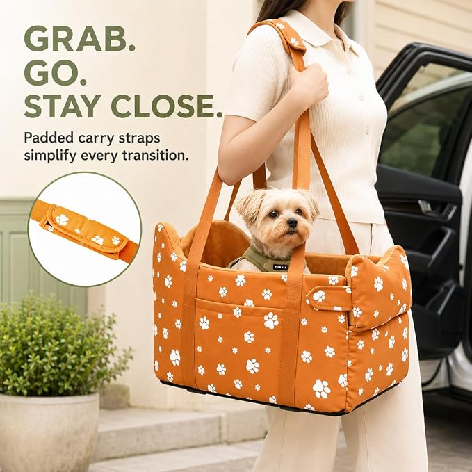 Center Console Dog Car Seat Safe Travel for Small Dogs Under 15 lbs Detachable Washable Pet Carrier with Storage Pockets & Safety Leash (Orange) - Image 2