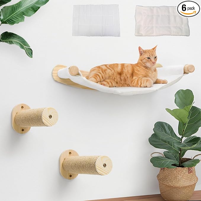 Faux Rabbit Fur Cat Wall Hammock - 2-Step Climbing Shelf, Wall Mounted for Indoor Large Cats by CYDDUP