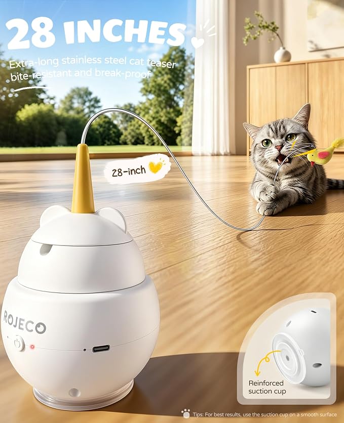 ROJECO Interactive Cat Toys,2 in 1 Automatic Cat Toy with Flying Bird | 360°Rotation/3 Operating Modes/Customizable DIY/Suction Cup/800mA Battery/TypeC Rechargeable/Removable Clean/Service Warrant - Image 5