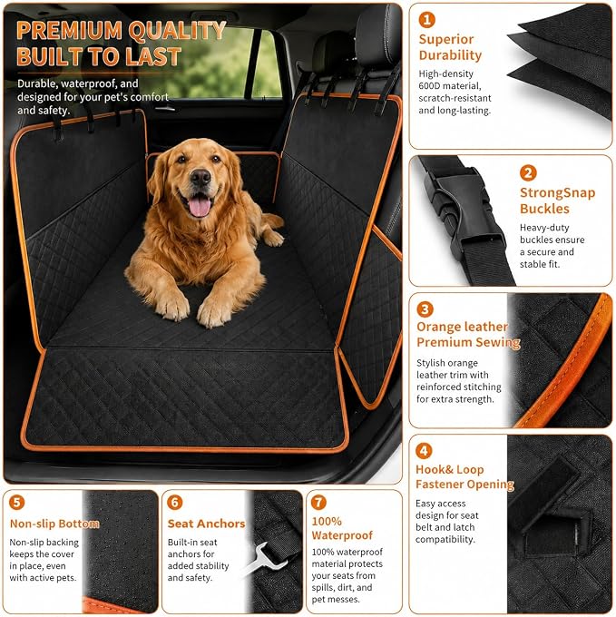 Dog Car Seat Cover for Back Seat, Waterproof Dog Hammock for Car, Non-Slip Dog Covers for Cars Backseat, Universal Pet Car Seat Cover Protector for Cars SUVs Trucks (Black Orange Edge) - Image 3