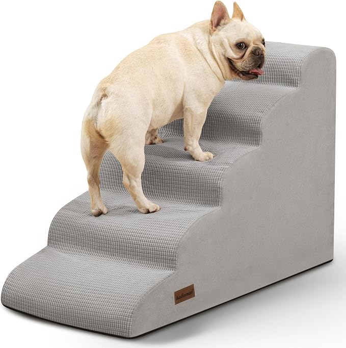 Aodisman Dog Stairs for High Bed,5-Step Pet Ramp for Small Dogs and Cats | 22.2" H Dog Steps for Bed with High-Density Foam, Help Olders,Short-Legged Dogs,Puppy and Cats Get on Beds Easily,Light Grey by AODISMAN