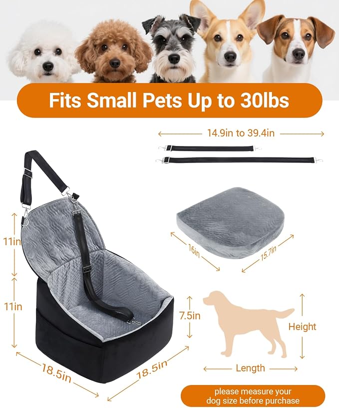 NUPIDA Dog Booster Car Seat with Extend Backrest for Small Medium Pet, Grey | Easy Install, Up to 30 lbs, Washable Removable Cover, Non-Slip Bottom, Large Storage Pockets, 2 Safety Leashes - Image 5