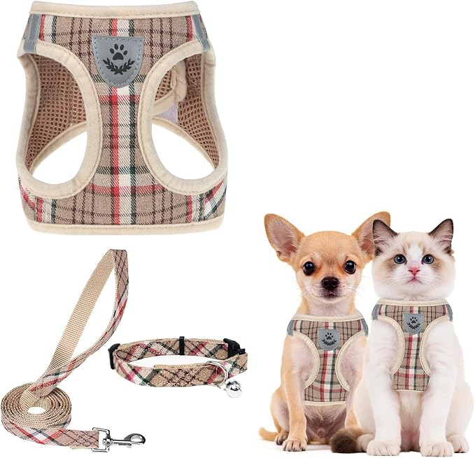 PUPTECK Dog Harness, Collar and Leash Set No Pull for Small Medium Sized | Plaid Puppy Step-in Escape Proof Reflective No Choke Pet Cat Adjustable Walking Vest by PUPTECK