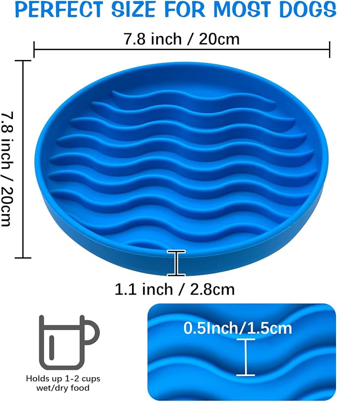 Fhiny Slow Feeder Dog Bowl Non-Slip Silicone - Blue Pet Food Dish for Fast Eaters, Dishwasher Safe - Image 2