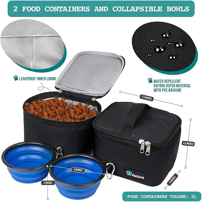 PetAmi Dog Travel Bag Organizer, Pet Supplies Tote Diaper Bag, Black Medium | Pet Travel Kit with 2 Food Containers & 2 Collapsible Dog Bowls, Luggage Sleeve, Weekend Getaway Road Trip Camping Essentials - Image 3