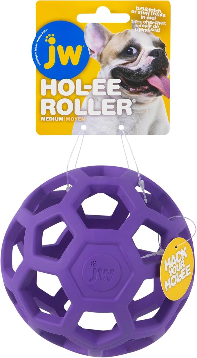 JW Pet HOL-ee Roller, Natural Rubber, Medium 4.5in, Colors May Vary | Puzzle Ball Design Dog Toy for Interactive Play and Chasing Fun by JWPet