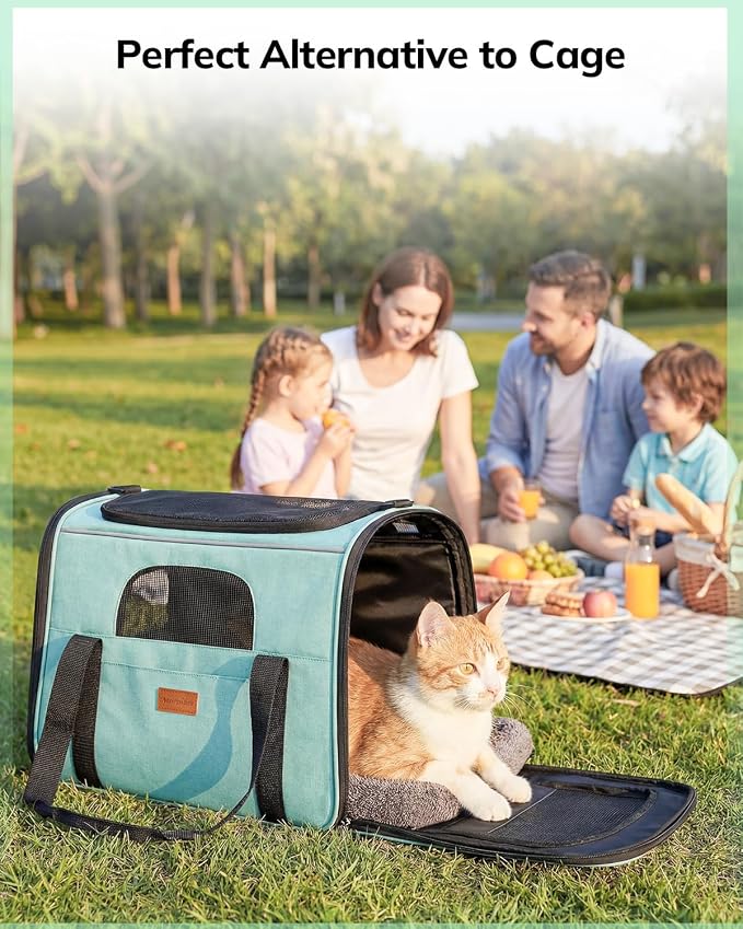 Morpilot Pet Carrier for Large Cats, Puppies & Small Dogs Up to 20lbs | Escape-Proof with Locking Zippers, Dual-Sided Cushion, Safety Buckle for Car & Vet Travel, Includes Foldable Bowl (Green) - Image 7