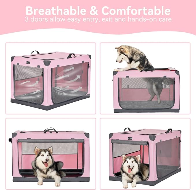 PETSFIT 40" Soft Portable Dog Crate – Patented Spiral Sturdy Frame, Collapsible Travel Kennel for Large Dogs, 3 Mesh Door, Lockable Zippers, Indoor & Car Use Pink - Image 7