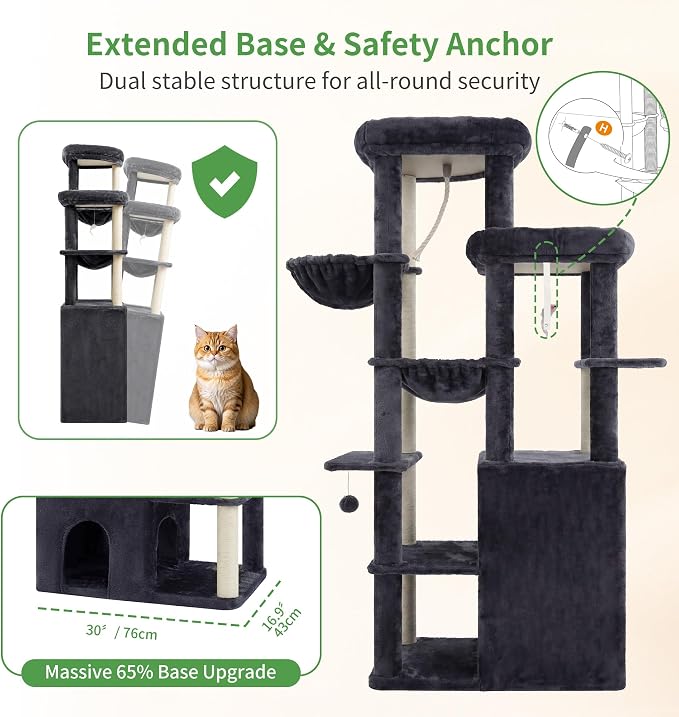 Heybly Cat Tree, 69.7 in Secure Anti-Tip Cat Tower for Large Cats HCT065G | Expansive Cat Furniture with Dual-Tier Cat Condo Villa, 2 Top Perches, Hammock & Full Sisal Scratching Posts, Smoky Gray - Image 7