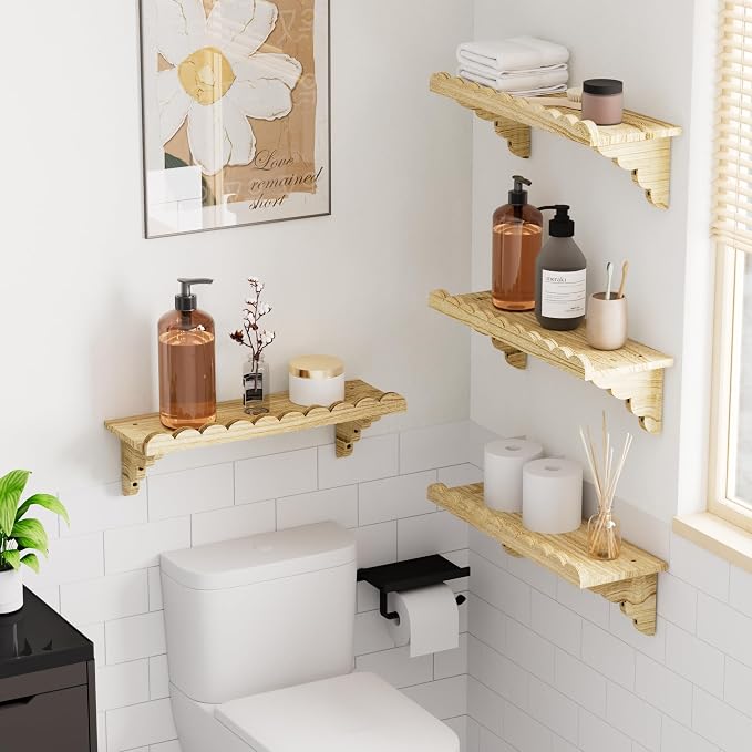 Scalloped Wood Wall Shelf – 17 Inch Floating Shelf with Wood Brackets, Easy to Install Rustic Wall Shelf for Living Room, Bedroom, Bathroom, or Any Space - Light Brown - Image 4
