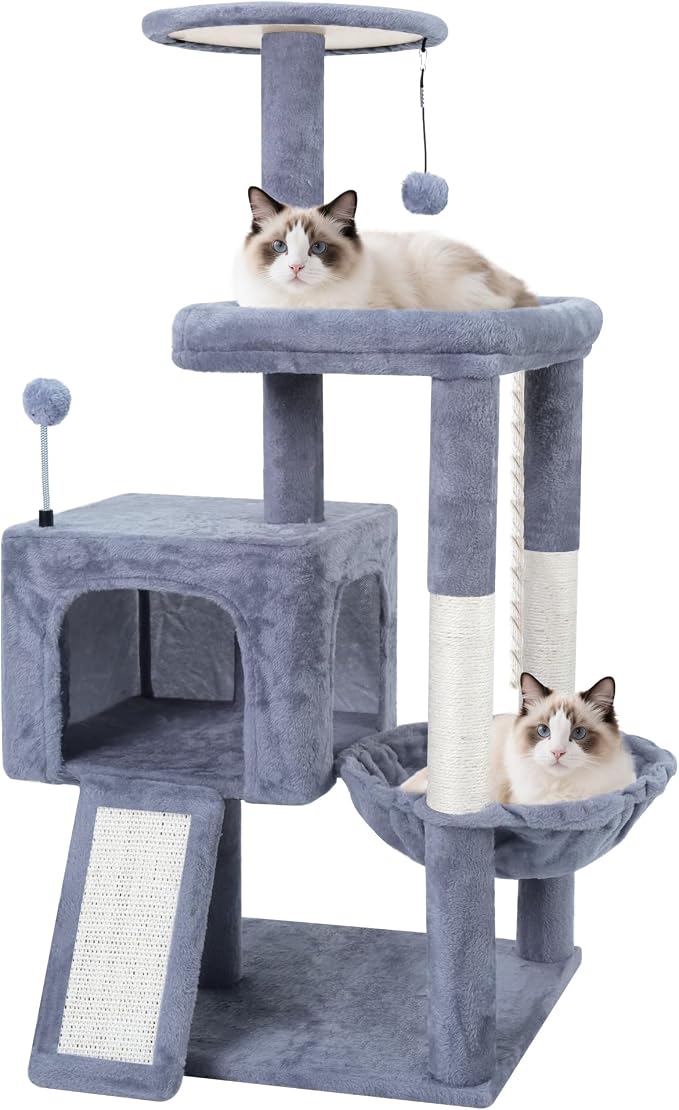 TWDEPART 37.5" All-in-One Cat Tree Tower with Scratching Board & Posts Cozy Sleeping Perch Hammock and Toy Balls,Grey - Image 5