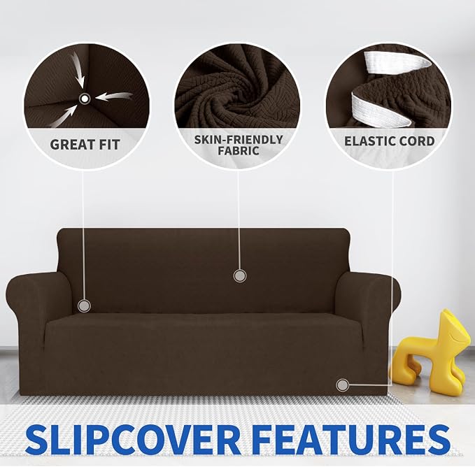 MAXIJIN Loveseat Cover Sofa Covers (55"-69"), 1-Piece Stretch Couch Covers for 2 Cushion Couch Love Seat Slipcover with Elastic Bottom for Kids,Dog (Loveseat, Diamond Pattern Coffee) - Image 3