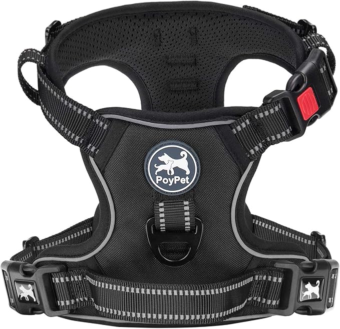 PoyPet Dog Harness Large, No Pull Vest with Front/Back Clip & Neck Buckle | No Choke, Lockable, Reflective, 2 Lead Rings, Adjustable, Soft Padded Handle for Training Walking, L, Black by PoyPet
