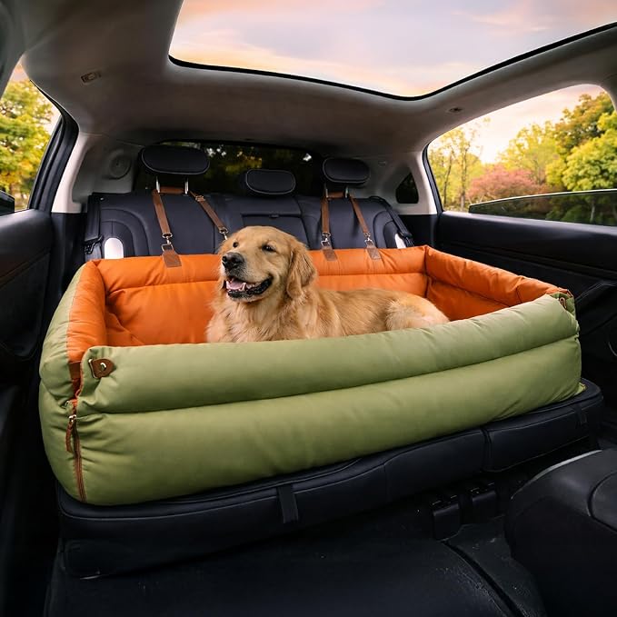 FUNNY FUZZY Leather Dog Car Seat for Large Size Dogs, Pet Booster Car Seats | Waterproof Car Seat with Safety Clip-On Leash, Soft Fabric Car Dog Bed Filling Memory Cotton, Washable Travel Pet Bed(Green) by FUNNYFUZZY
