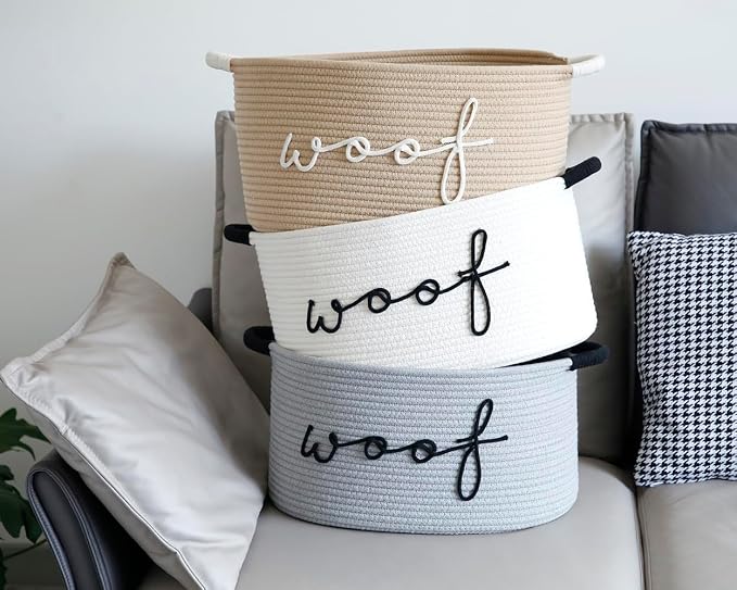 Woof Dog Toy Basket Woven Pet Baskets Storage Bin Box with Durable Handles, Pet Supplies Puppy Bins Perfect for Organizing Dog Toys Blankets and Accessories - Image 6