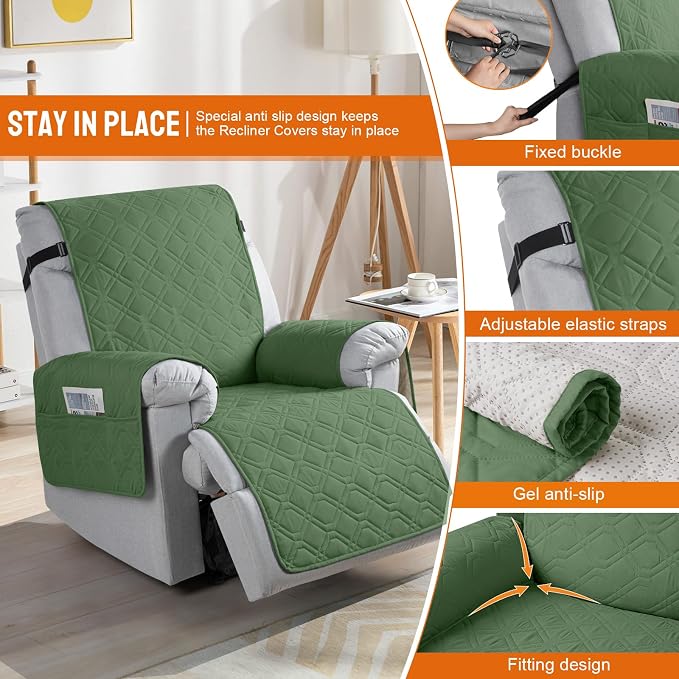 VANSOFY 100% Waterproof Recliner Chair Covers Washable, Vine Green, 25" | Non-Slip, Slipcover with Pocket, Furniture Protector, Elastic Straps, Chair Cover for Pets, Dogs - Image 5
