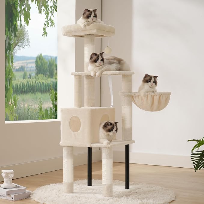 Heybly Cat Tree with Toy, 49.2 inch Cat Tower for Indoor Cats HCT200SM | Spacious Cat House Condo with Hidden Space，Soft Plush Top Perch，Cozy Hammock and Sisal Scratching Posts, Beige - Image 7