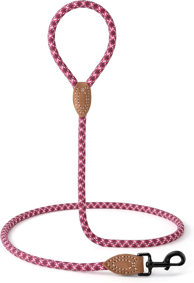 Mile High Life Dog Leash with Genuine Leather-Wrapped Ends, 4/5/6FT | Tangle-Free 360° Swivel Clasp Heavy Duty Rope Leash | Small Medium Large Dogs | Daily Walking (Pink White, 72 Inch, 1/2") - Image 6
