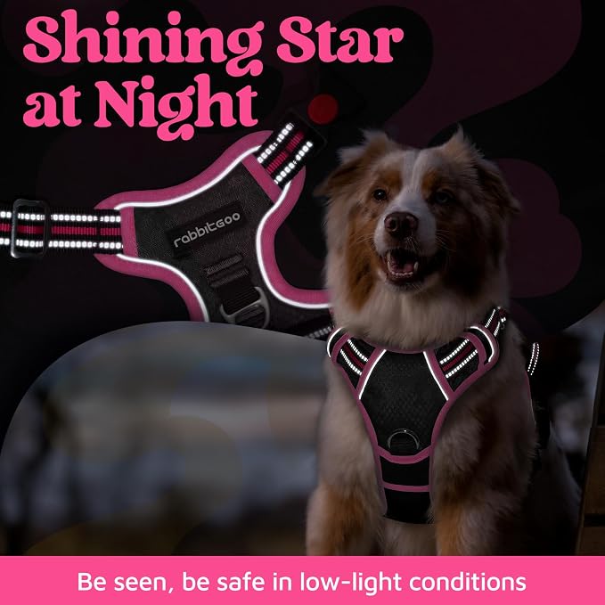 rabbitgoo Dog Harness Medium Sized, No Pull 3 Buckles Easy On & Off | Soft Padded, Walking with Control Handle, Adjustable and Reflective, Black & Pink, Medium - Image 6