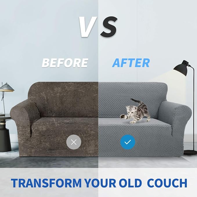 ZNSAYOTX 1 Piece Jacquard Couch Covers for 2 Cushion Couch High Stretch Loveseat Slipcover for Pets Dogs Anti Slip Love Seat Sofa Slipcover Furniture Protector (Loveseat, Light Grey) - Image 5