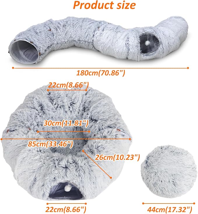 Cat Tunnel, Cat Tunnel with Sleeping Area, Plush Donut Cat Bed with Pom-Poms, Indoor Interactive Cat Toy, Gray (33.46×10.23in) - Image 3