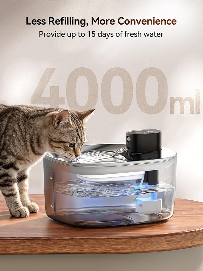 FEELNEEDY Wireless Cat Water Fountain Stainless Steel with Sensor, 4000mAh Battery Operated, 4L/135fl oz Pet Water Fountain for Cats Dogs, Ultra Quiet Cat Drinking Fountain with 2 Filters (YPD-C004S) - Image 6