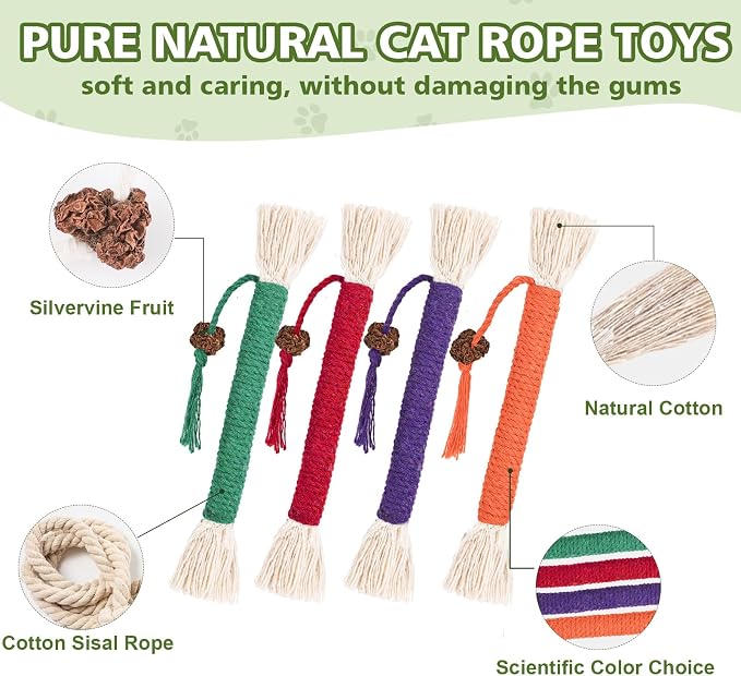 WOUSEDO 8 Pack Catnip Chew Toys for Cats, Cotton Sisal Rope Toys | Cat natural silvervine sticks, for cat teeth cleaning and dental care, Interactive toy for bored Indoor cats - Image 3