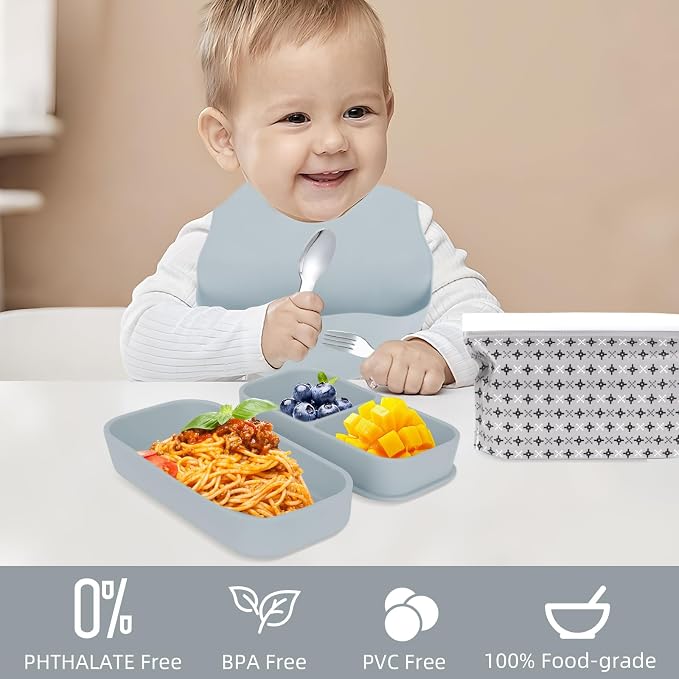 Travel Silicone Baby Feeding Set with 316 Stainless Steel Spoon & Fork ,Silicone Suction Plates, Foldable Bib, Storage Bag - Portable Infant Toddler Utensils, 6-Piece BPA-Free Dishware Kit（gray） - Image 9