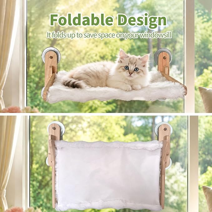 Foldable Cat Window Perch,Cat Hammock Bed with Wood Frame,Washable Soft Rabbit Fur Cover,Strong Suction Cup,Window Seat for Kitten, Indoor Cats, Birds Watching - Image 3
