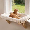 Zoratoo Cloud-Soft Wooden Cat Window Sill Perch with Zipper Cushion,L White | 24.4’’x18’’, Removable for Machine Wash, Fluffy Plush Bolster, Sturdy Metal Frame for Large Cats up to 40lbs, Easy to Adjust by Zoratoo