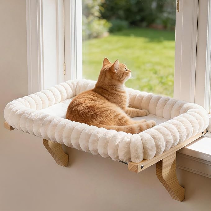 Zoratoo Cloud-Soft Wooden Cat Window Sill Perch with Zipper Cushion,L White | 24.4’’x18’’, Removable for Machine Wash, Fluffy Plush Bolster, Sturdy Metal Frame for Large Cats up to 40lbs, Easy to Adjust by Zoratoo
