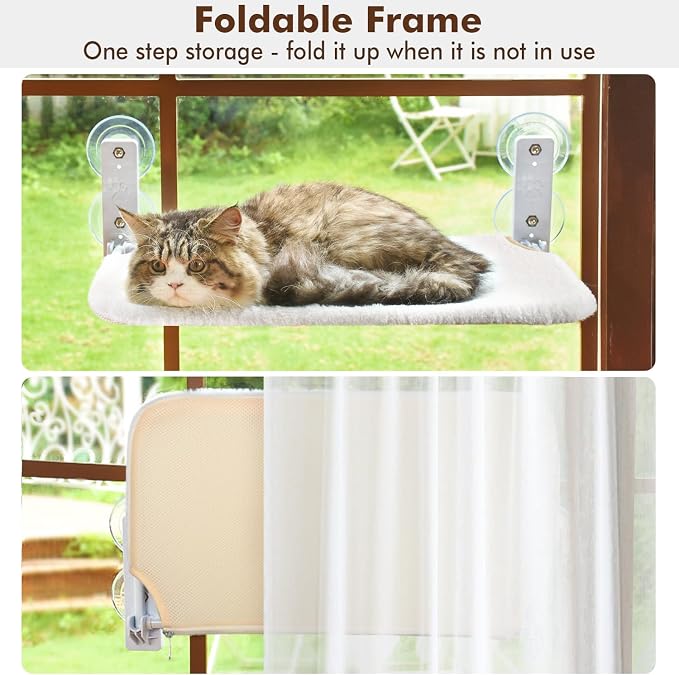 AMOSIJOY Cordless Cat Window Perch, Cat Hammock for Wall with 4 Strong Suction Cups, Solid Metal Frame and Reversible Cover, Foldable Cat Beds for Indoor Cats (Medium-White) - Image 3