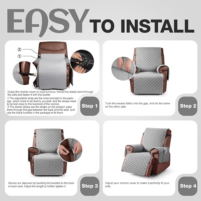 KinCam 100% Waterproof Recliner Chair Covers Washable, 23.6", Light Gray | Anti Slip Reclining Couch Covers for Pets Dog, Recliner Sofa Slipcover Storage Pocket, Furniture Protector with Elastic Strap - Image 7