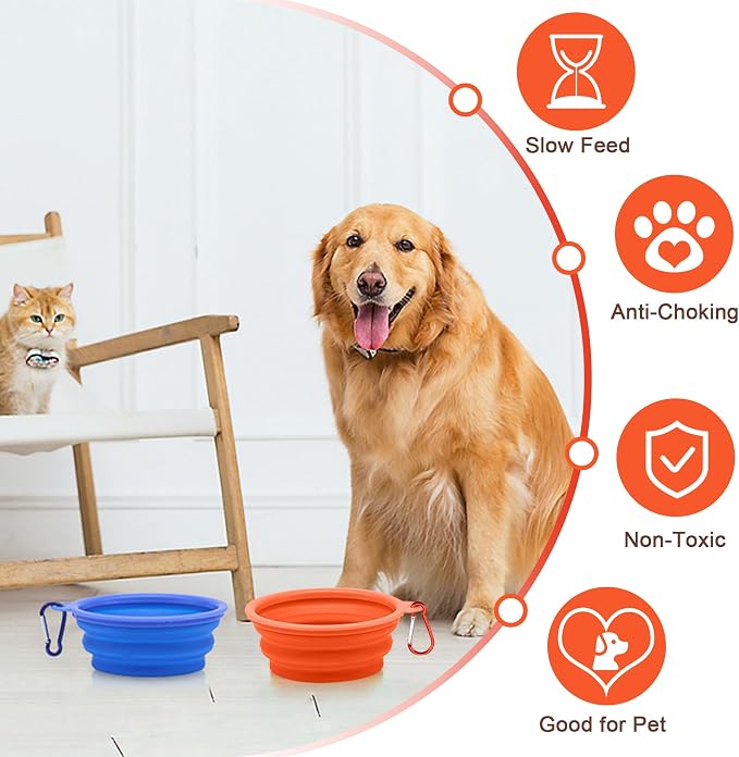 Large Collapsible Dog Bowls (34oz), 2 Pack 2 Colors Pet Travel Foldable Bowl and Slow Feeding Frisbee with Carabiners, Healthy, Soft Silicone, Portable Essential Set for Walking, Travel, and Hiking - Image 6