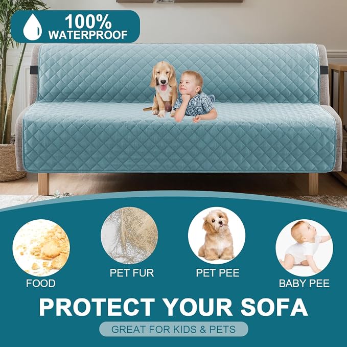 Turquoize 100% Waterproof Futon Cover Futon Slipcover Washable Armless Sofa Bed Slipcover Protector Seat Width Up to 70" with Adjustable Elastic Strap Anti-Slip for Dogs, Stone Blue - Image 2