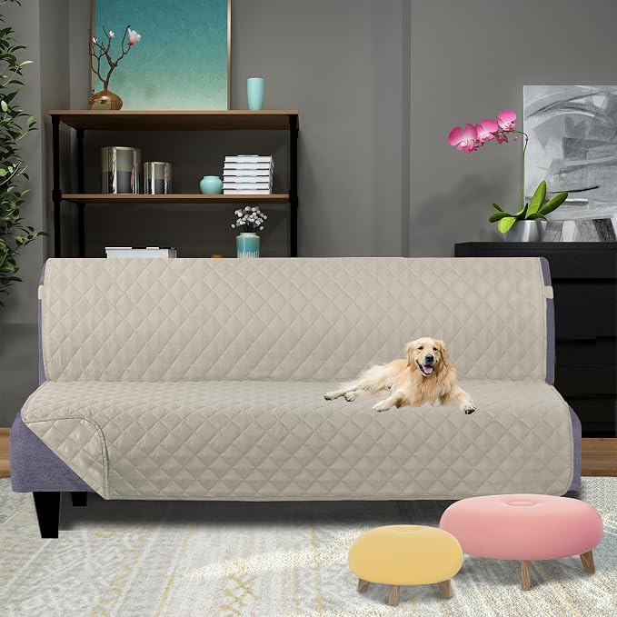 U-NICE HOME Futon Sofa Covers 68''Armless Couch Cover, Beige/Beige | Washable, Pet Friendly, Elastic Straps, Water Repellent, Furniture Protector Mat - Image 2
