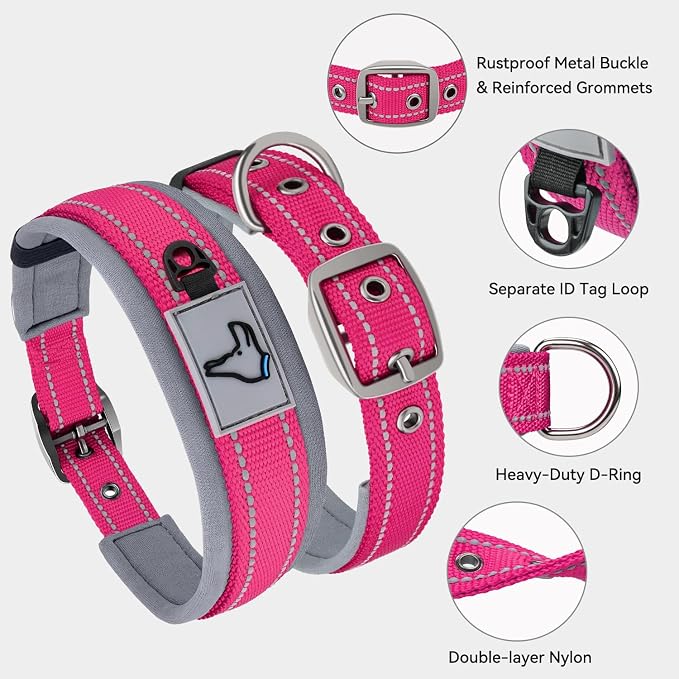 Joytale Reflective Dog Collar for Medium Dogs with Wide Padding, Hotpink | Soft Cushion Reduce Neck Strain, Night Safety Walking, Metal Buckle and Adjustable Eyelets, Separated Dog ID Tag Ring - Image 3