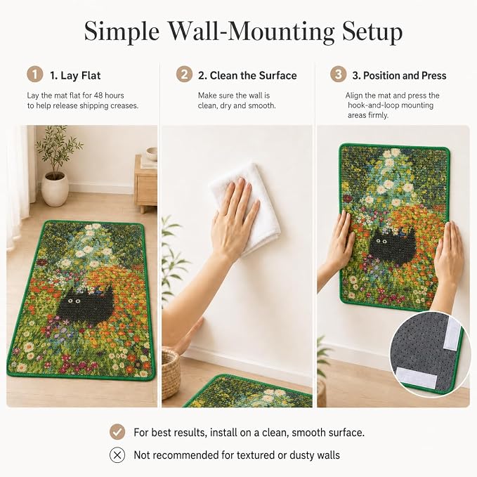 Art Sisal Cat Scratcher Mat, Cat Wall Scratchers for Indoor Cats | Wall Mounted Cat Scratcher, Natural Sisal, No-Drill Hook & Loop Setup, Floor or Wall Use, 23.6 x 15.7 Inch, Flower Garden - Image 9