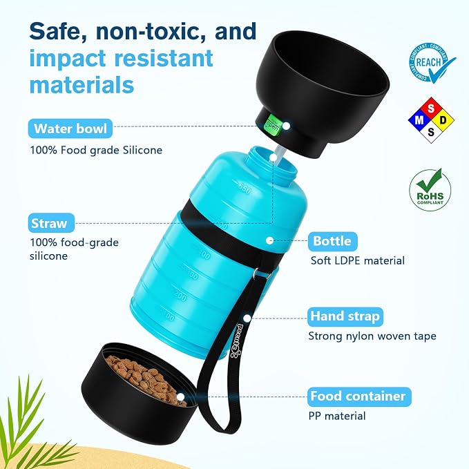 Pecute Dog Water Bottle Portable 22 oz with 5 oz Food Container, Poop Bag Holder, Portable Dog Water Bottle Dispenser, Leakproof, Lightweight, Pet Water Bottle for Dogs Outdoor Travel Walking | Portable, Lightweight, Leakproof BPA Free for hiking, camp... - Image 4