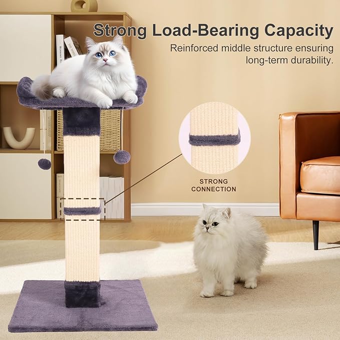 34" Cat Scratching Post for Indoor Cats, Sisal Cat Scratcher with Large Plush Perch, Vertical Posts with Elevated Bed and with Two Dangling Balls, Removable & Washable Cover, Dark Grey - Image 4