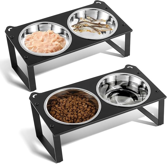 2 Set Elevated Cat Food Water Bowls, 4 Stainless Steel Bowls for Indoor Pet with Cute Metal Stand, 10° Tilted Anti-Vomiting Wide Shallow Raised Cat Dishes Whisker Friendly for Multiple Kitten,Puppy by Aomafamzoy
