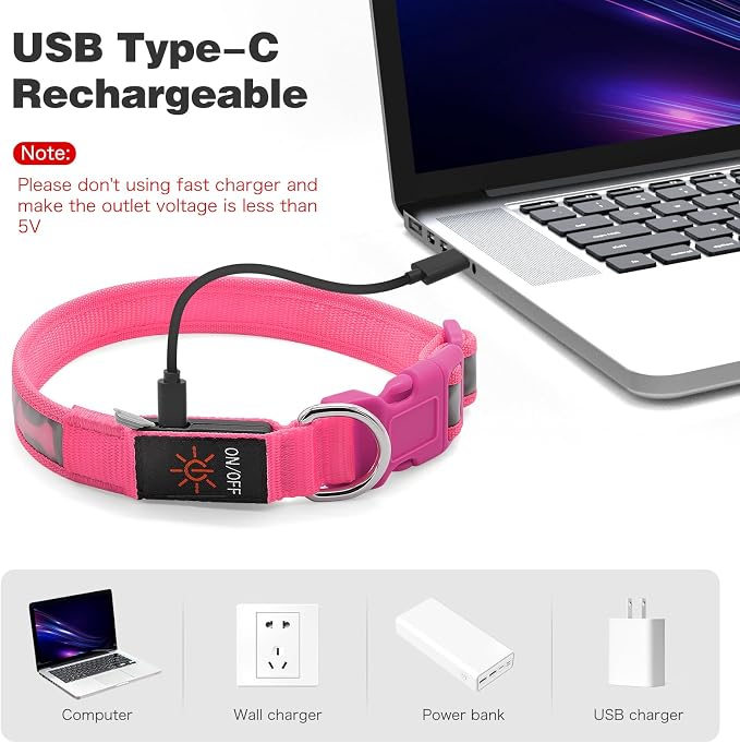 Flashseen LED Dog Collar Light Up USB-C Rechargeable, Pink, Small | Glow in the Dark Collar for Night Walking, Adjustable Waterproof Visibility Glowing Collars for Dogs - Image 4