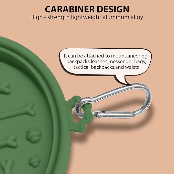 2-Pack Collapsible Dog Bowls with Suction Cups & Scraper - 16oz Travel Pet Bowls for Food/Water, Non-Slip Feeding Dish for Dogs, Includes Carabiner Clip Grey&Olive Green - Image 4
