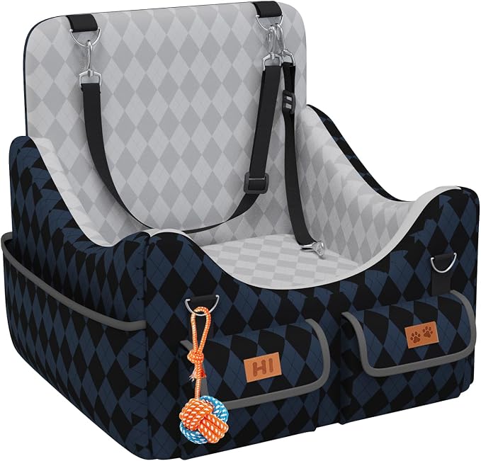 Dog Car Seat for Small/Medium Dogs up to 35lbs, 4-Pocket Storage Memory Foam Dog Booster Seat, Detachable Washable Pet Car Seat with Safety Belt, Outdoor & Indoor Use (Dark Blue/Black) by Unknown
