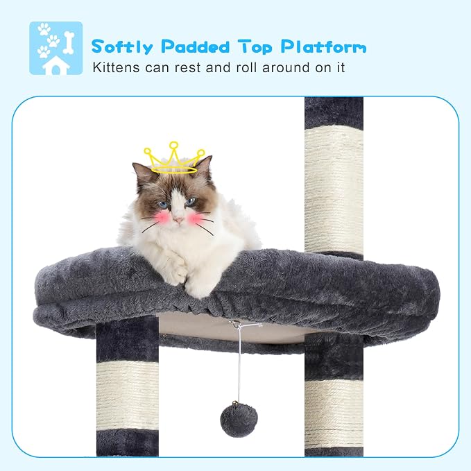 Hey-brother Cat Tree Tower, Adjustable Height, Floor to Ceiling, MPJ091G | 94.5-106.3 Inches Multi-Level Cat House, Scratching Posts, Plush Condo, Platform, Toy Ball for Indoor Big Cats, Smoky Gray - Image 5