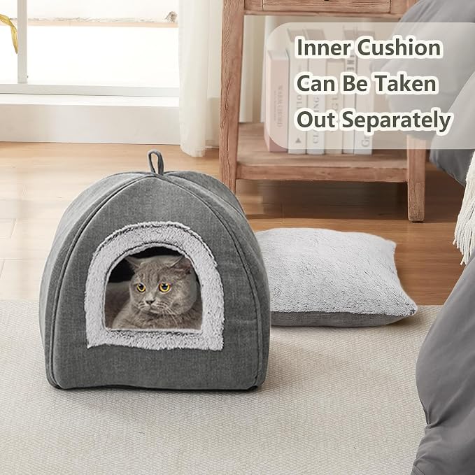 Cat Bed Cave-Cat Beds for Indoor Cats,Kittens and Small Pets,Soft and Warm Cats House Tent Bed,Foldable and Washable with Removable Cushioned and Anti Slip Bottom,Grey 15inches - Image 2