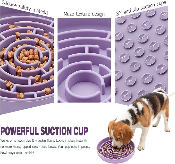 Silicone Slow Feeder Bowl with 37 Non-Slip Suction Cups — Anti-Choking Maze Design, Slows Eating 10x, Anxiety Relief, BPA-Free, for Small & Medium Dogs and Cats (Purple) - Image 5