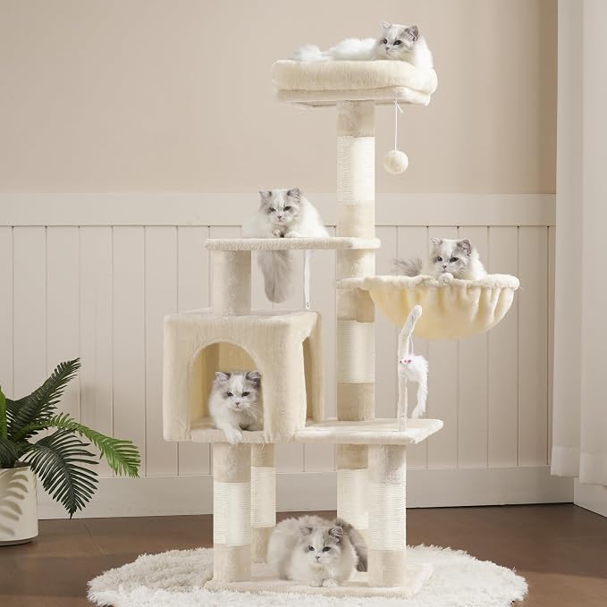 Heybly Cat Tree with Toy, 43.3 inch Cat Tower for Indoor Cats HCT004SM | Cat Condo with Durable Sisal Scratching Posts, Cat House with Padded Plush Perch, Cozy Hammock, Beige - Image 8