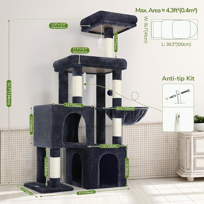 Globlazer 52in Cat Tree Tower for Indoor Cats, 2 Condos, S52, Dark Grey | Multi-Level Plush House, 5 Sisal Scratching Posts, 2 Padded Top Perches, Big Metal Basket, Stable Enlarged Base - Image 6